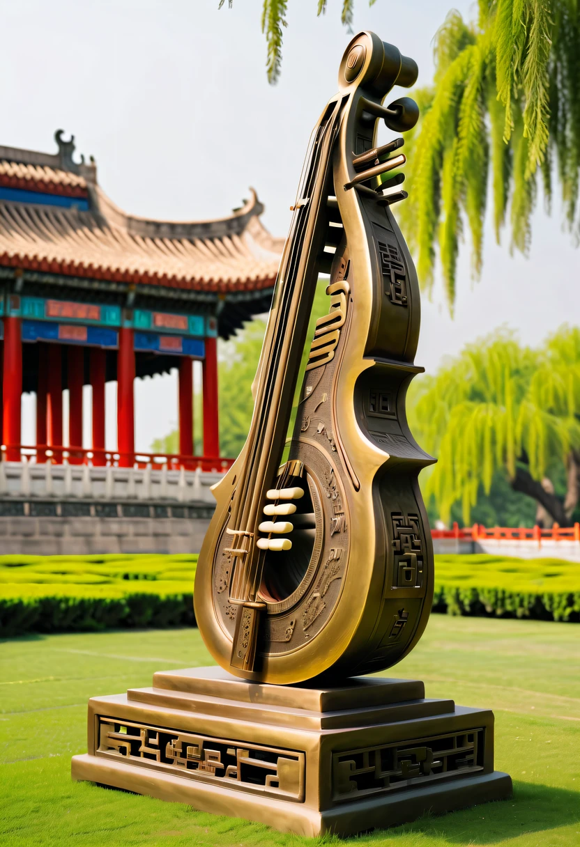 (Best quality at best,4K,A high resolution,ultra - detailed,actual:1.2),Huge ancient bronze musical instrument on the lawn,Display of ancient Chinese bronzes，