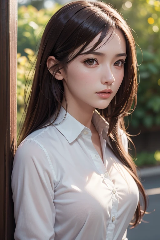 Photorealistic, photographrealistic, masutepiece, Best Quality, Raw photo, 1girl in, Solo, Long hair, Brown hair, Detailed face, alluring face, Collared shirt, medium breasts, Dynamic Pose, Looking at Viewer, From below, Detailed background, fine detailed, intricate detailes, Ray tracing, depth of fields, lowkey, nffsw
