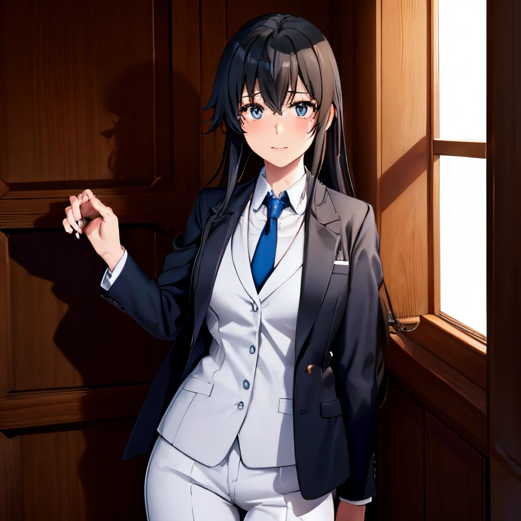 1GIRL , Yukinoshita yukino , Yukinoshita yukino,woman in formal attireactive suit tuxedo tailcoat standing in a large alcove in the room, 1girl, solo, necktie, black hair, blue eyes, long hair, smile, jacket, looking at viewer, shirt, pants, blue necktie, collared shirt, white pants, white shirt, indoors, bangs, long sleeves, closed mouth, window, black jacket, blush, cowboy shot, formal, suit, full body