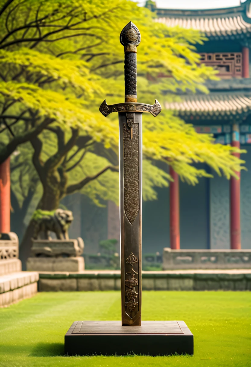 (Best quality,4K,A high resolution,ultra - detailed,actual:1.2),Huge ancient bronze sword on the lawn,Display of ancient Chinese bronzes，have a base，Insert into base