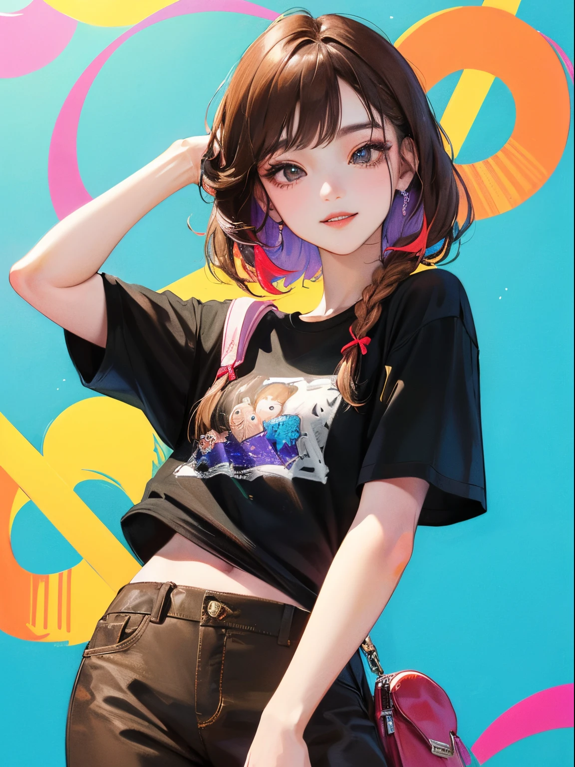 (((1人の女性)))、(Top resolution、Distinct_image) best qualtiy、(((Pop)))、1990's、((colorful backdrop))、((illuminating))、ighly detailed、Semi-realistic、Brown hair、((makeups)),Braided hairstyle、A smile、bangss、20yr old、年轻、((tshirts))、delicated facial features、Facial features、View from below