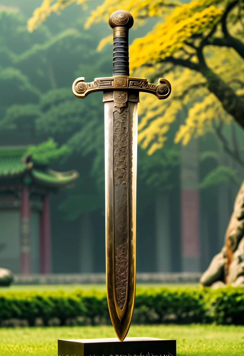 (Best quality,4K,A high resolution,ultra - detailed,actual:1.2),Huge ancient bronze sword on the lawn,Display of ancient Chinese bronzes，have a base，Insert into base