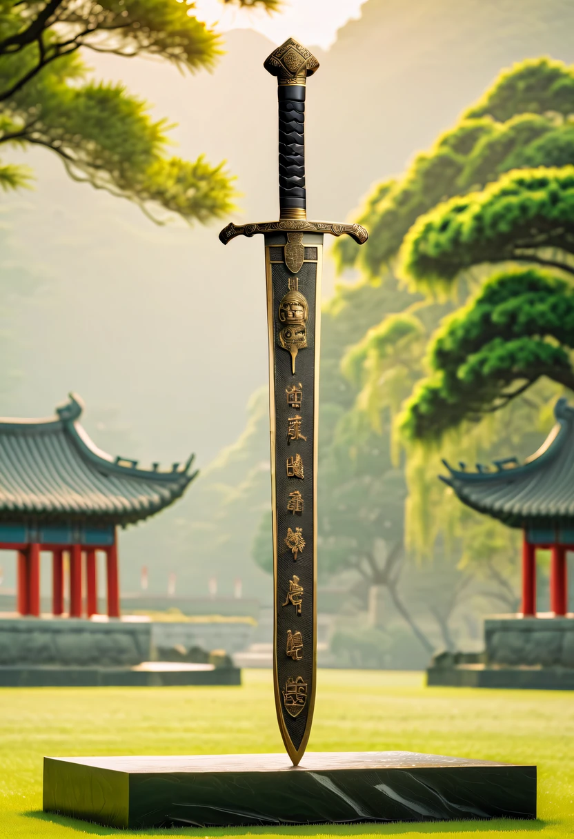 (Best quality,4K,A high resolution,ultra - detailed,actual:1.2),Huge ancient bronze sword on the lawn,Display of ancient Chinese bronzes,have a base,Insert into base