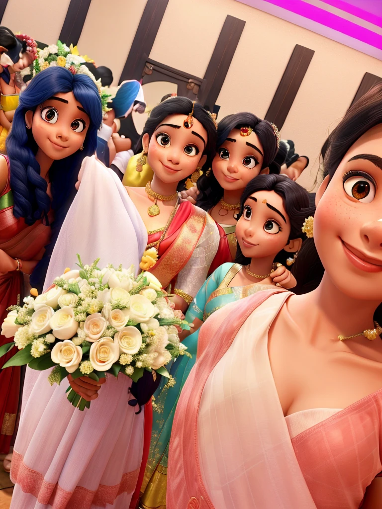 5girls only , From left side no 2 girl is srilankan bride.others are friends, Photo is selfiy ,right side 1st girl take selfy.she wearing rose color,next girl wearing blue saree, next one wearing red saree, next one bride, last girl wear red saree, 3D extello Disney