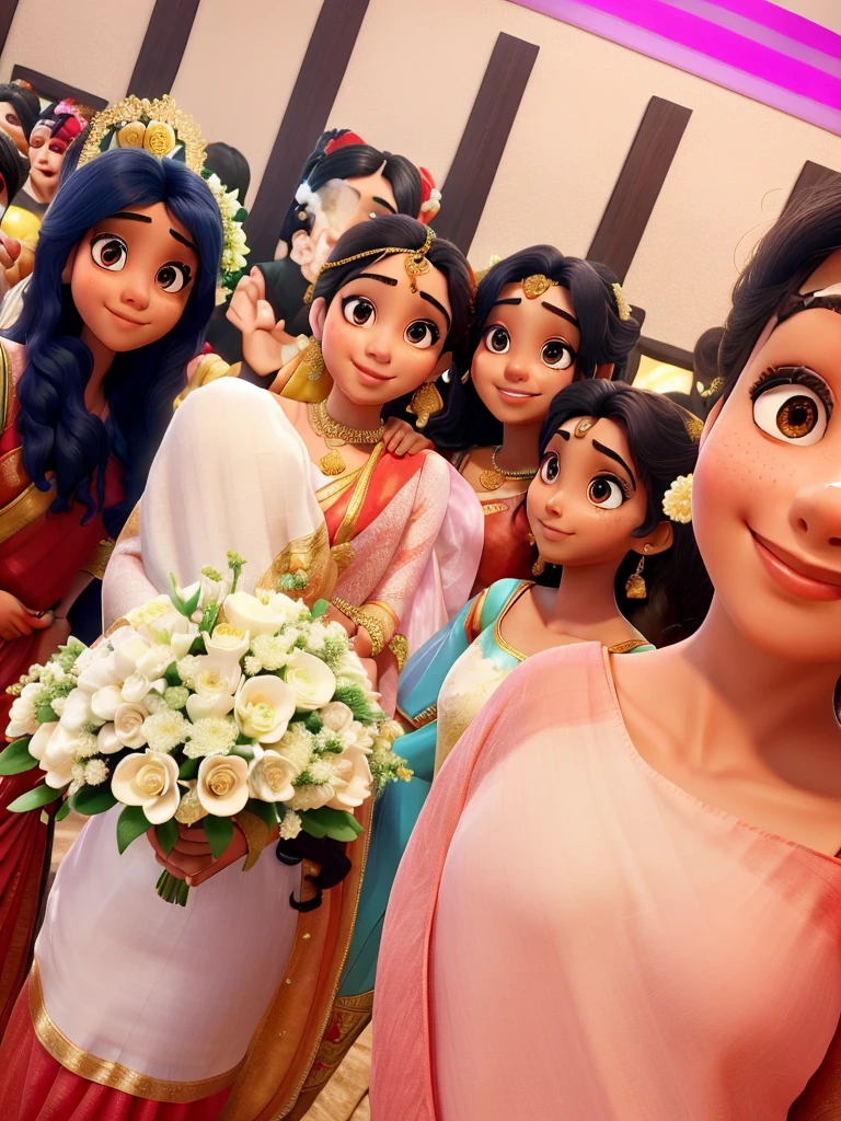 5girls only , From left side no 2 girl is srilankan bride.others are friends, Photo is selfiy ,right side 1st girl take selfy.she wearing rose color,next girl wearing blue saree, next one wearing red saree, next one bride, last girl wear red saree, 3D extello Disney