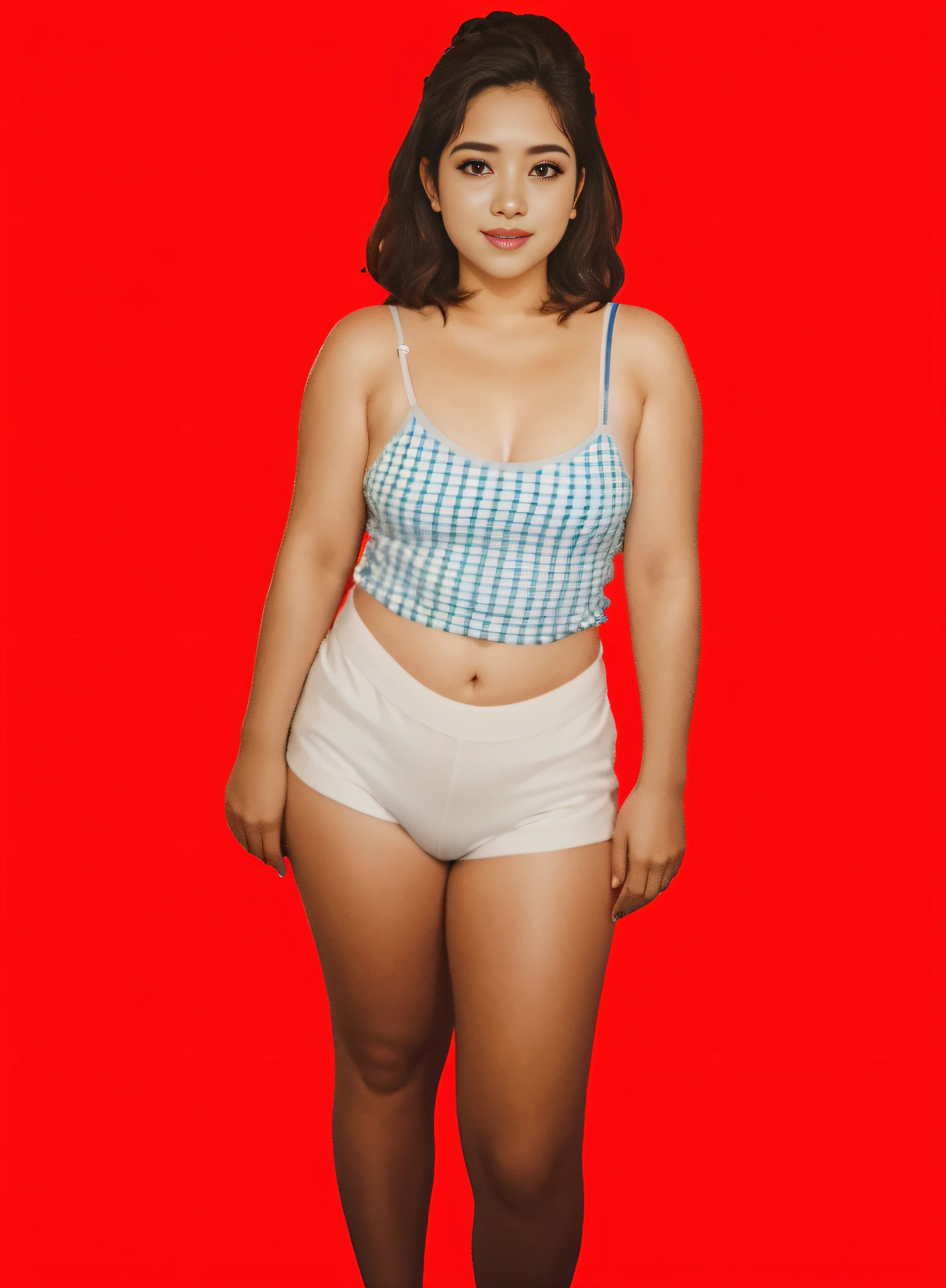 there is a woman with short white shorts and a blue and white blouse, mulher curta robusta, recorte de meio corpo, vestindo camisola e shorts, no fundo vermelho, vestido com um top e shorts, tanga branca, listras brancas por todo o corpo, cintura magra e quadris grossos, vestindo camisola branca, vestindo shorts vermelhos