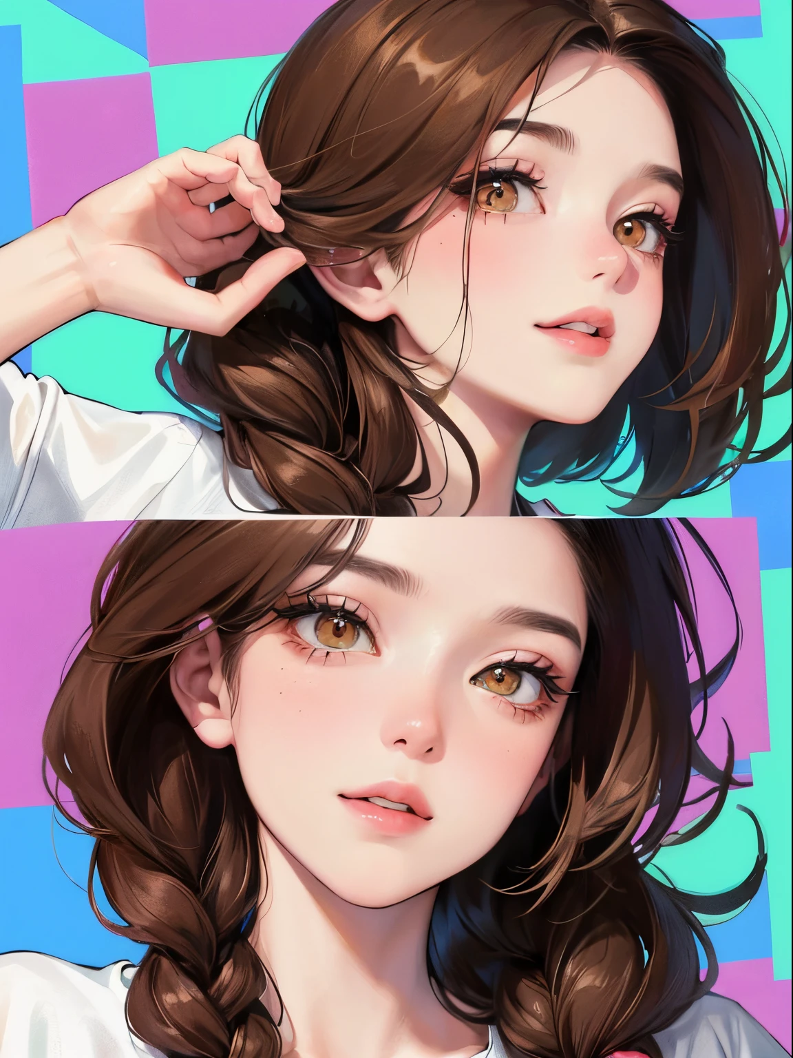(((1人の女性)))、(Top resolution、Distinct_image) best qualtiy、(((Pop)))、1990's、((colorful backdrop))、((illuminating))、ighly detailed、Semi-realistic、Brown hair、((makeups)),Braided hairstyle、A smile、bangss、20yr old、年轻、((tshirts))、delicated facial features、Facial features、View from below