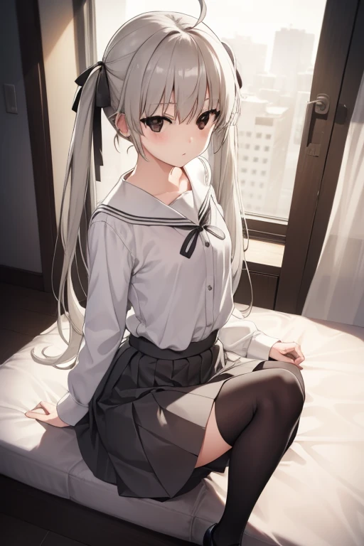 Sorakasugano, Sora Kasugano, ahoge, (Black Eyes:1.5), Hair between the eyes, hair ribbon, Long hair, twintails, black ribbon, white colored hair, (flat chest:1.2),
Black shoes BREAK, black tights, gray tape, grey skirt, loafers, long sleeves, mini skirt, pantyhouse, pleated skirt, sailor collar, school uniform, serafuku, Shoes, upskirt, white sailor collar, white serafuku,
BREAK looks at the viewer,
BREAKTHROUGH in the room,
BREAK (Masterpiece:1.2), Best Quality, High Resolution, Unity 8k壁纸, (illustartion:0.8), (beautiful detail eyes:1.6), extremely detailed face, perfect  lighting, extremely detailed CGI, (perfect arms, perfect anatomy),