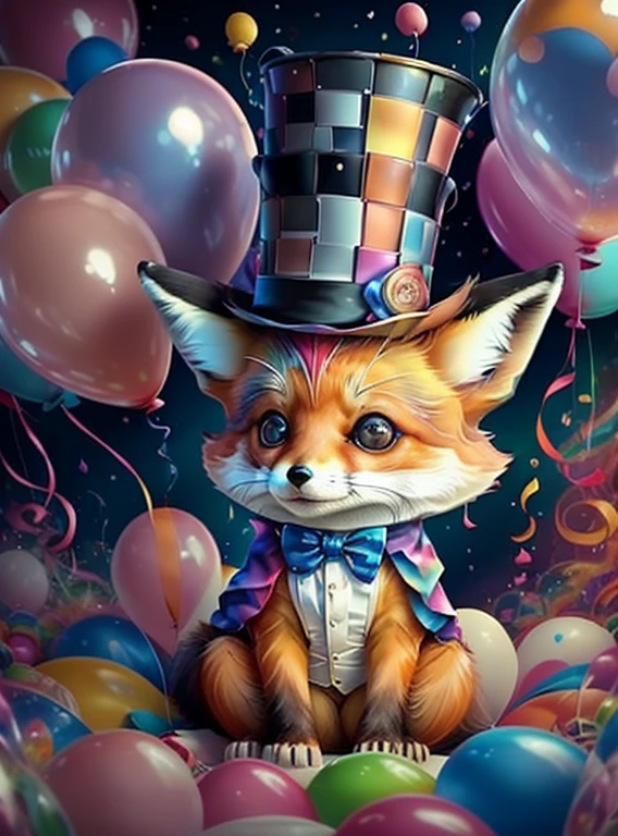 (cute baby fox with top hat with lots of ballons),(melhor pose),(best angle), (better expression), Eduardo Kobra acolchoamento ,multidimensional geometric wall PORTRAIT, arte, Chibi,
Yang08k, lindo, Colouring,
Primary works, qualidade superior, melhor qualidade, Arte Oficial, Beautiful and Aesthetic, pelos coloridos,