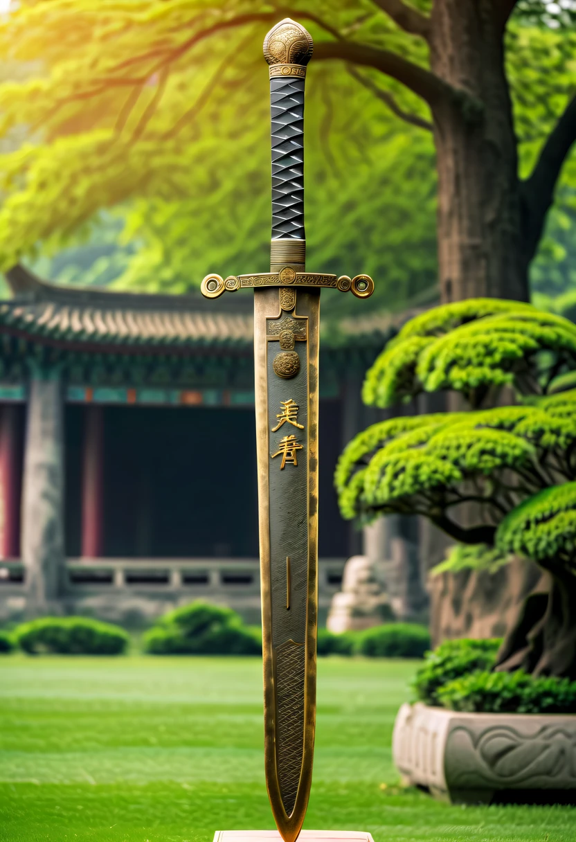 (Best quality at best,4K,A high resolution,ultra - detailed,actual:1.2),Huge ancient bronze sword on the lawn,Display of ancient Chinese bronzes，