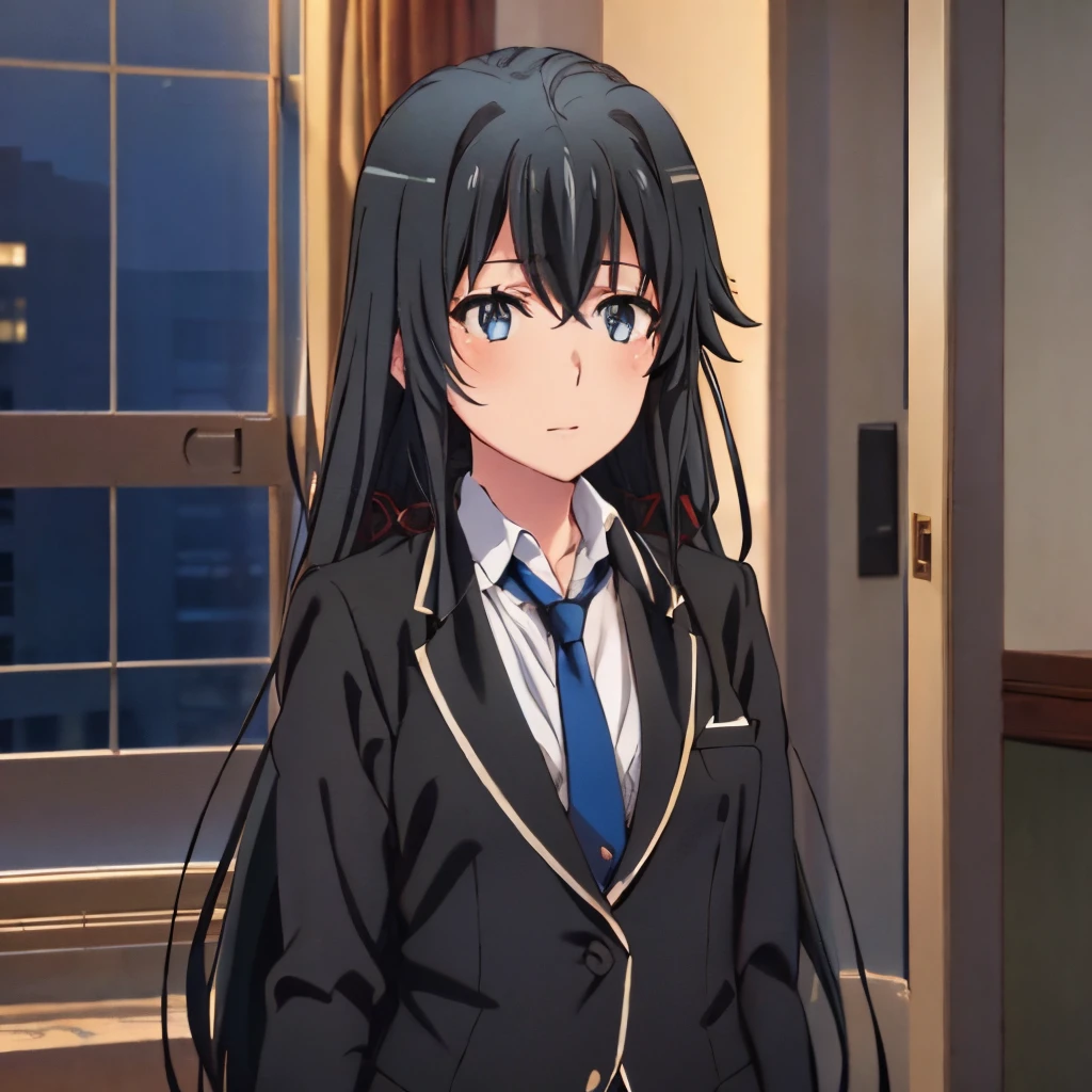 1GIRL , Yukinoshita yukino , Yukinoshita yukino,woman in formal attireactive suit tuxedo tailcoat standing in a large alcove in the room, 1girl, solo, necktie, black hair, blue eyes, long hair, smile, jacket, looking at viewer, shirt, pants, blue necktie, collared shirt, white pants, white shirt, indoors, bangs, long sleeves, closed mouth, window, black jacket, blush, cowboy shot, formal, suit, full body