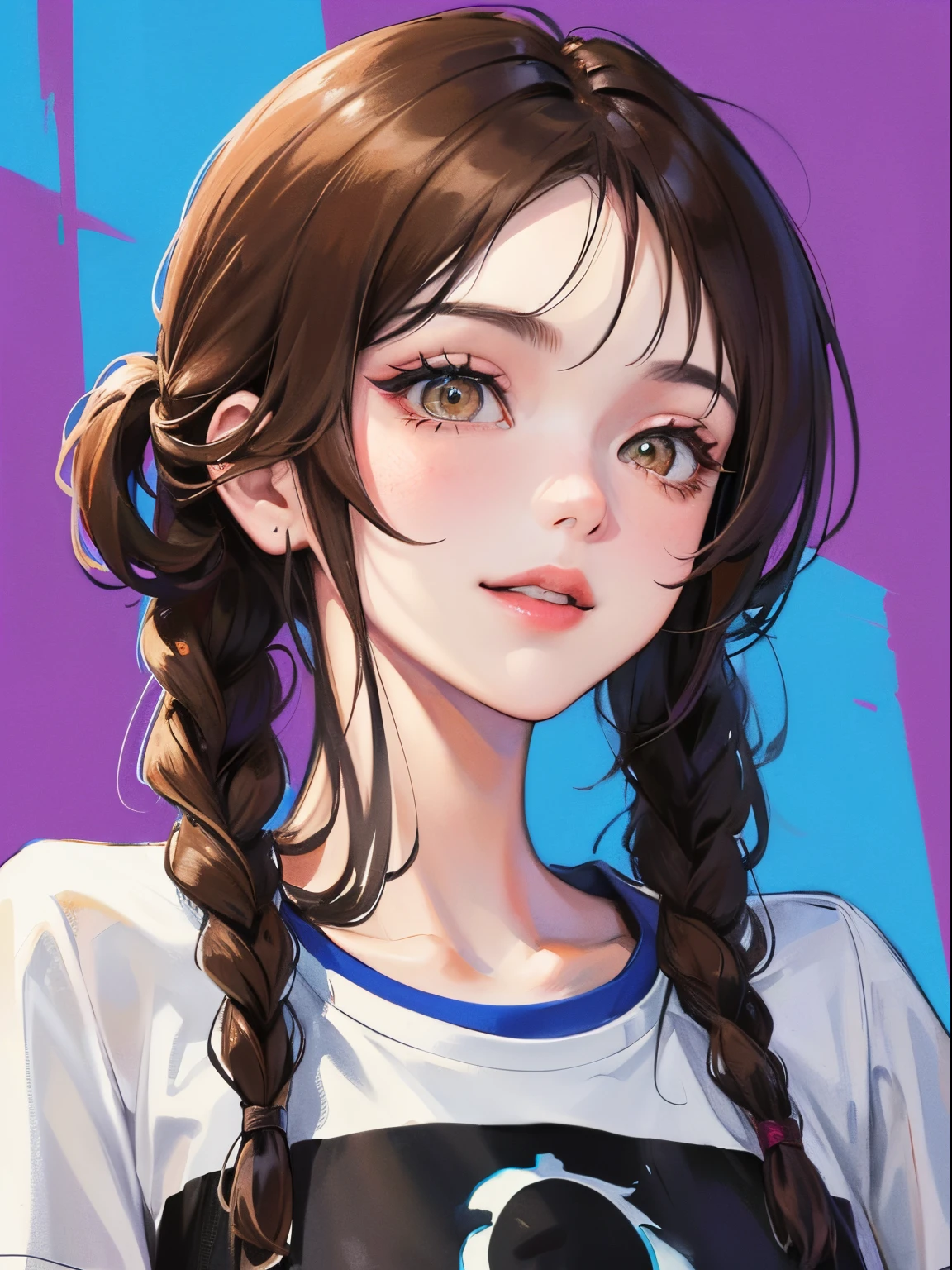 (((1人の女性)))、(Top resolution、Distinct_image) best qualtiy、(((Pop)))、1990's、((colorful backdrop))、((illuminating))、ighly detailed、Semi-realistic、Brown hair、((makeups)),Braided hairstyle、A smile、bangss、20yr old、年轻、((tshirts))、delicated facial features、Facial features、View from below