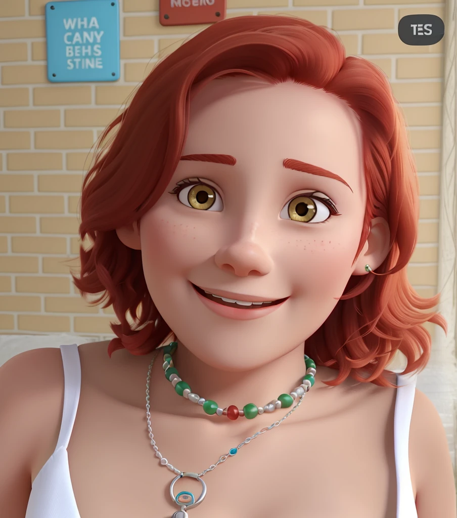Woman with short red hair, a face of happiness, is wearing a colorful necklace and wears a lab coat