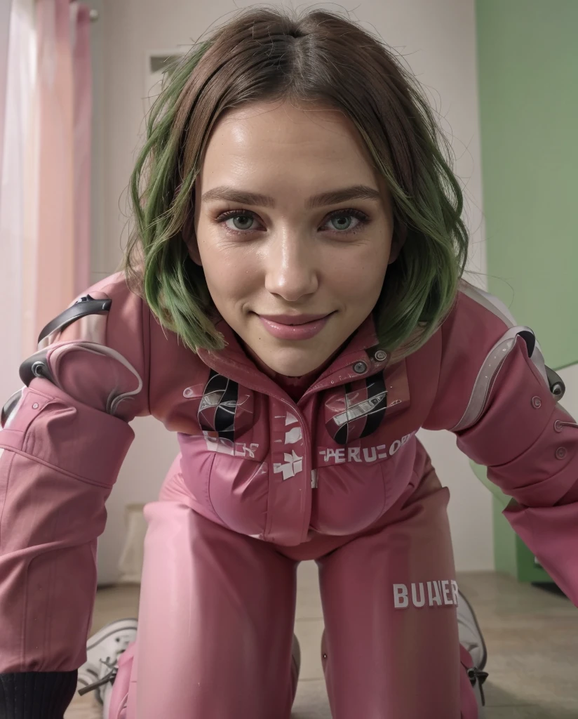 rachel_cook, full body, Dynamic pose, doggy style, doggy pose, on her knees, smiling, bent over, looking at camera, Pink clothes, fit toned body, large breasts, big boobs, big tits, 8k photorealistic, thin face, Sharp face, green hair, dinamyc pose, full body, Dynamic pose, in house, black hoodie, green eyes, green hair, ((sharp face, detailed face, realistic face, naturtal skin, realistic skin, detailed skin, pores, detailed eyes,realistic eyes)),