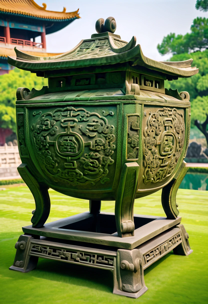 high high quality,4K,8K,Best quality at best,ultra - detailed,Photorealistic:1.37,Beautifully presented,exceptionally detailed,Elaborately crafted,Ancient Chinese bronze ding,Lush green lawn,Giant bronze square tripod,Exquisite inscriptions and patterns,complicated decoration,Sparkling metal surface,Subtle gradients and textures,Authentic patina and weathering,delicate craftsmanship,The presence of majesty,Historical artifacts,tangible sense of history,Chinese artifacts,symbolic meaning,archaeological treasure,Reflection of Chinese Civilization