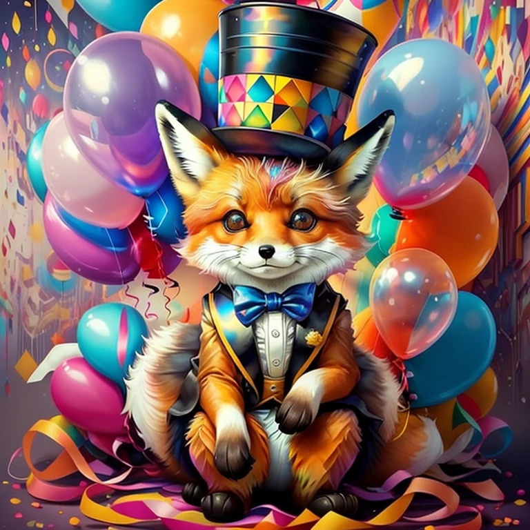 (cute baby fox with top hat with lots of ballons),(melhor pose),(best angle), (better expression), Eduardo Kobra acolchoamento ,multidimensional geometric wall PORTRAIT, arte, Chibi,
Yang08k, lindo, Colouring,
Primary works, qualidade superior, melhor qualidade, Arte Oficial, Beautiful and Aesthetic, pelos coloridos,