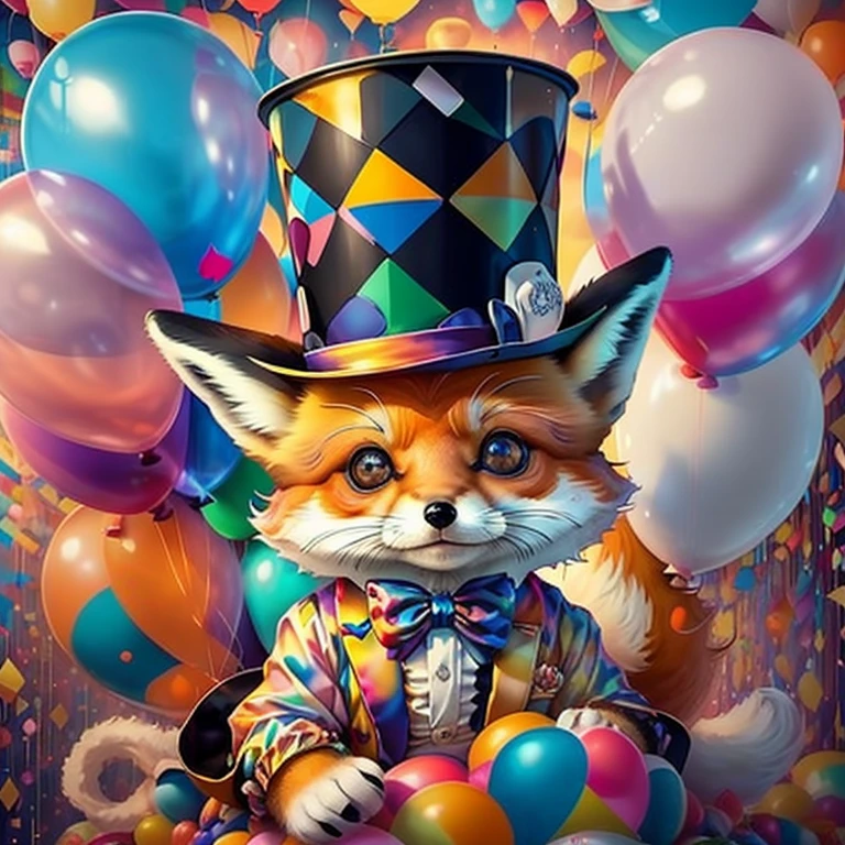 (cute  fox with top hat with lots of ballons),(melhor pose),(best angle), (better expression), Eduardo Kobra acolchoamento ,multidimensional geometric wall PORTRAIT, arte, Chibi,
Yang08k, lindo, Colouring,
Primary works, qualidade superior, melhor qualidade, Arte Oficial, Beautiful and Aesthetic, pelos coloridos,