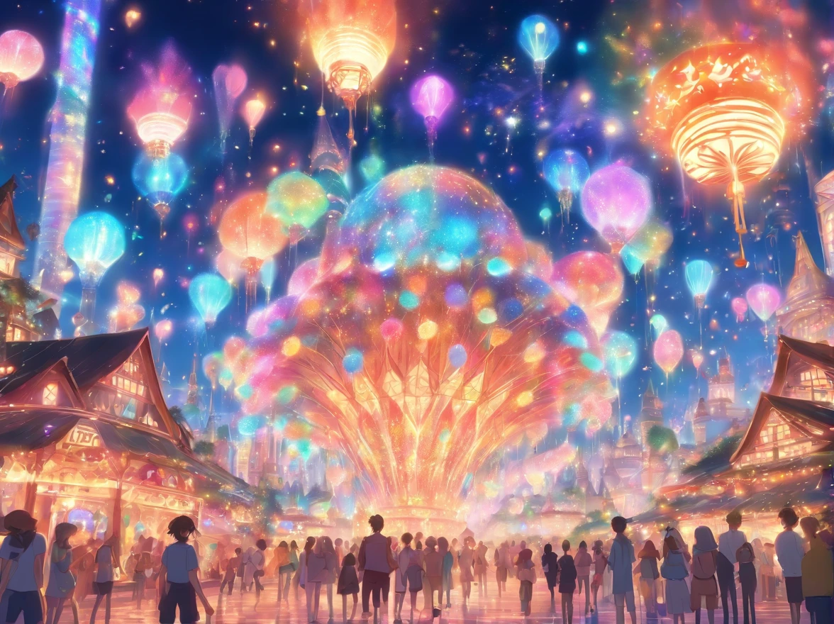 theme park pictures:landscapes, dreamy theme, dreamy and detailed, Adorable and whimsical, Whimsical and cute, magical lights, parade, illuminations, very magical and dreamy, dreamy illustration, Painted in a capricious style, Midnight theme,, Vibrant colors, Intricate details. Highly detailed, Dynamic Pose, Complex motifs, Organic Tracery,Digital Painting, art  stations, Concept art, Smooth, Shiny Aura, Illustration, 8K, Best Quality, awardwinning, Anatomically correct, hight resolution, masutepiece