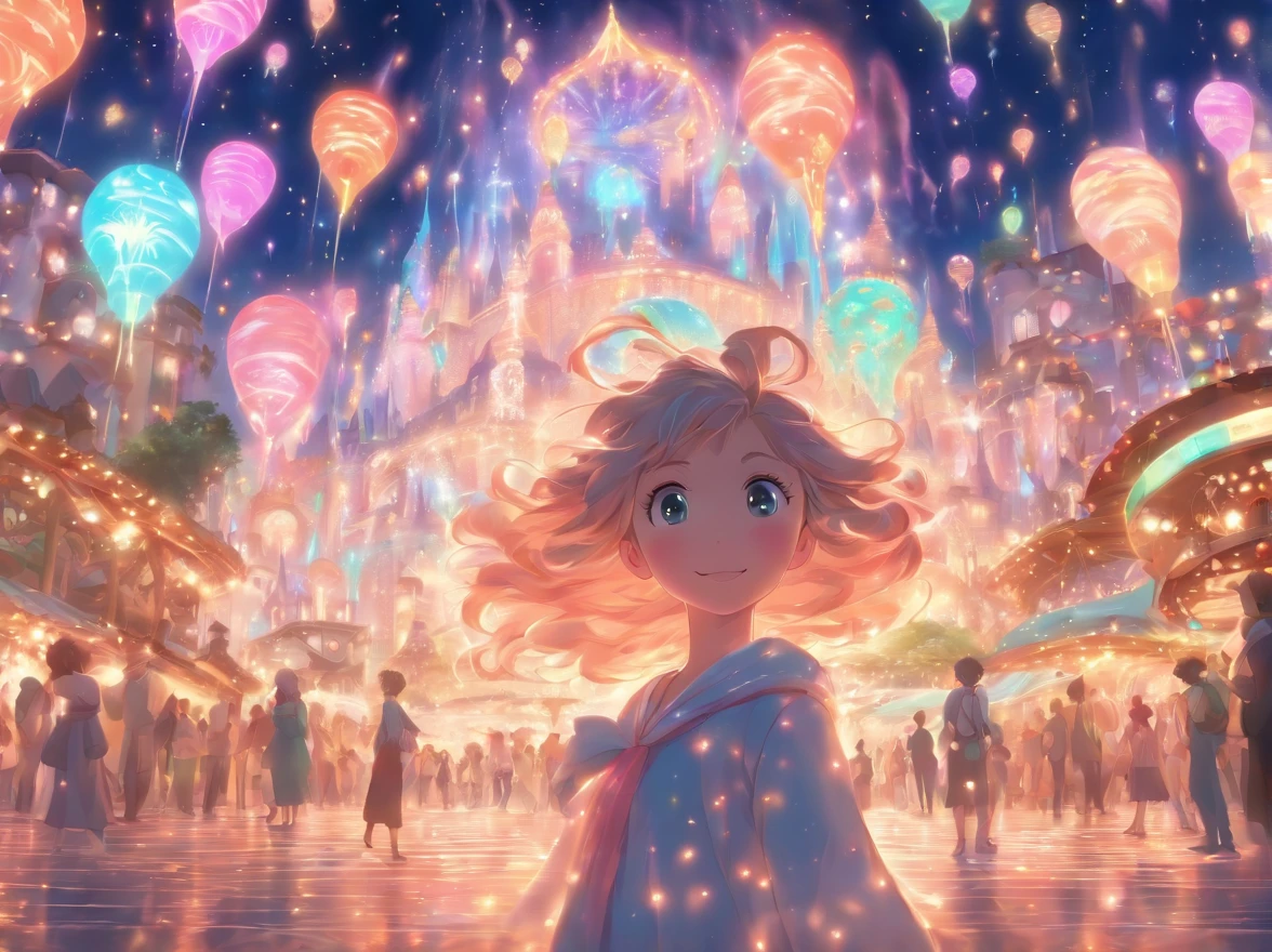 theme park pictures:landscapes, dreamy theme, dreamy and detailed, Adorable and whimsical, Whimsical and cute, magical lights, parade, illuminations, very magical and dreamy, dreamy illustration, Painted in a capricious style, Midnight theme,, Vibrant colors, Intricate details. Highly detailed, Dynamic Pose, Complex motifs, Organic Tracery,Digital Painting, art  stations, Concept art, Smooth, Shiny Aura, Illustration, 8K, Best Quality, awardwinning, Anatomically correct, hight resolution, masutepiece