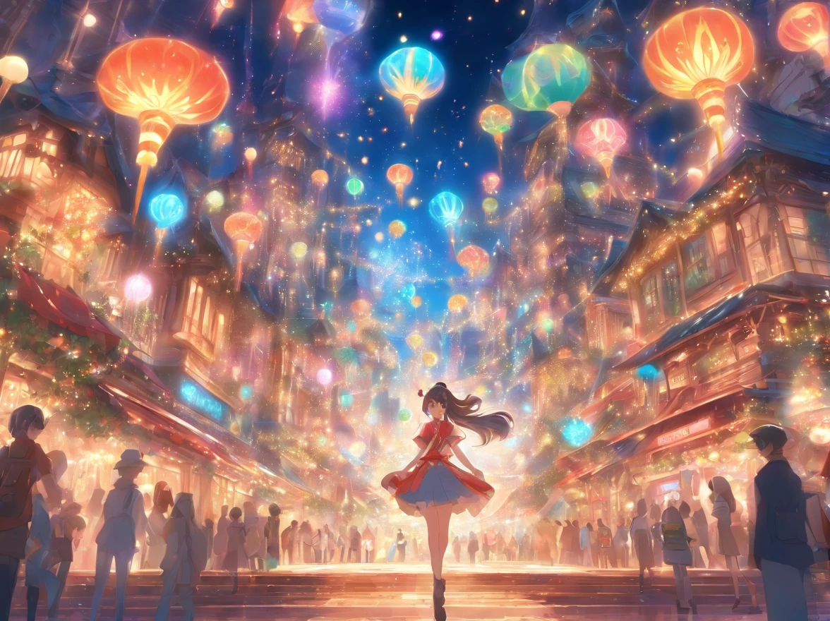 theme park pictures:landscapes, dreamy theme, dreamy and detailed, Adorable and whimsical, Whimsical and cute, magical lights, parade, illuminations, very magical and dreamy, dreamy illustration, Painted in a capricious style, Midnight theme,, Vibrant colors, Intricate details. Highly detailed, Dynamic Pose, Complex motifs, Organic Tracery,Digital Painting, art  stations, Concept art, Smooth, Shiny Aura, Illustration, 8K, Best Quality, awardwinning, Anatomically correct, hight resolution, masutepiece
