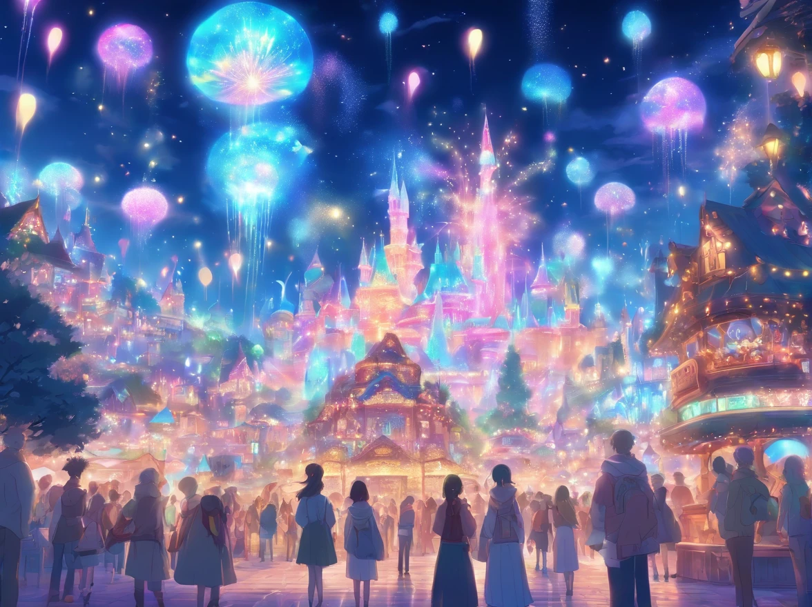 theme park pictures:landscapes, dreamy theme, dreamy and detailed, Adorable and whimsical, Whimsical and cute, magical lights, parade, illuminations, very magical and dreamy, dreamy illustration, Painted in a capricious style, Midnight theme,, Vibrant colors, Intricate details. Highly detailed, Dynamic Pose, Complex motifs, Organic Tracery,Digital Painting, art  stations, Concept art, Smooth, Shiny Aura, Illustration, 8K, Best Quality, awardwinning, Anatomically correct, hight resolution, masutepiece