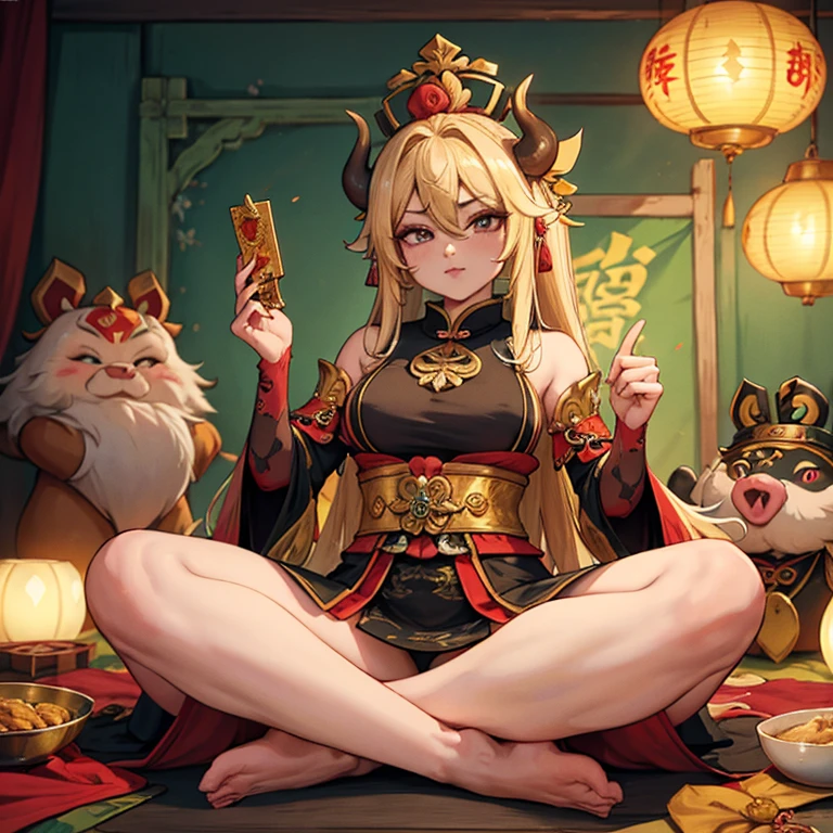 pig woman with a crown, in a lotus position, anthropomorphic warrior pig, an exhausted deity, asura from chinese myth, keqing from genshin impact, zhongli from genshin impact, bison god, the god of oatmeal, dog as a god, the non-binary deity of spring, taoist priest, negao, humanized, human woman face, 4k and 8k, best quality, beautiful, trending on deviant art, masterpiece