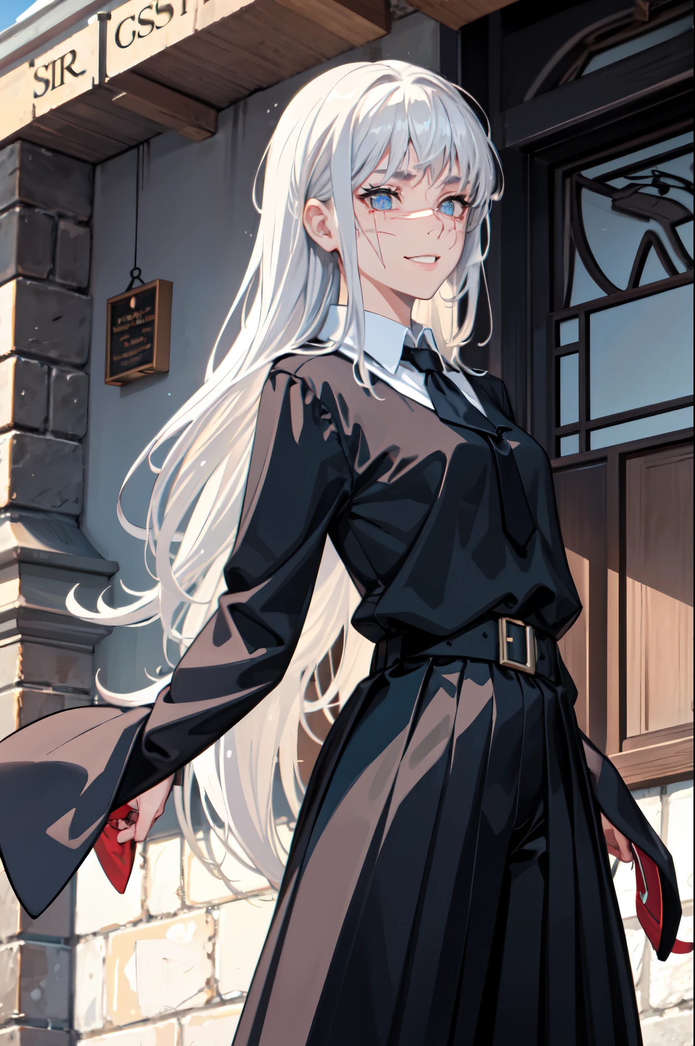 silver blond poneyTail Red ribbon hair fastening Blue eyes a scool girl Crisp face Scars on the face Scratches Lacerations faces scarface Large scratches a smile Harry Potter hogwarts magic school uniform black robes white shirt red necktie Badge on the chest trouser Hogwarts Gryffindor