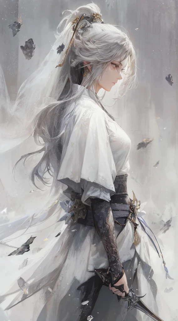 Close-up of a man in a white dress holding a sword,Portraits of Yang Jie,Popularity in the CG community,Fantasyart,Belle peinture de personnage,Guviz style artwork,Guwitz,Blackgold,Flowing black and gold robes,full-body xianxia,Epic and beautiful character art,Stunning character art,Handsome male assassin