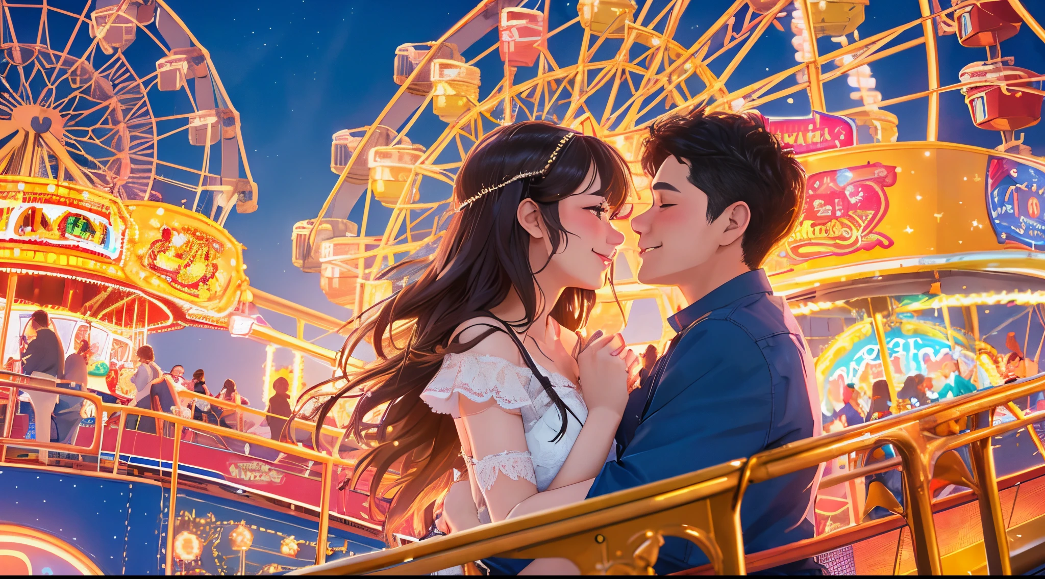 A couple in a tender moment on a Ferris wheel, surrounded by the enchanting lights of the theme park. Their expressions radiate happiness, creating a snapshot of shared joy. Best quality, intricate details, clean lines, eye-catching composition, soft tones, semi-realism, perfect illustration, dynamic pose, ample headroom