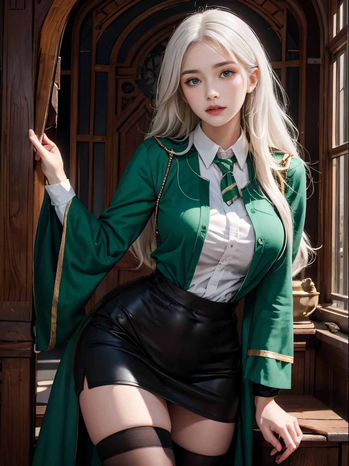 Photorealistic, high resolution, 1womanl, Solo, Hips up, view the viewer, (Detailed face), Hogwarts uniform, hogsks, Slytherin，blackstockings