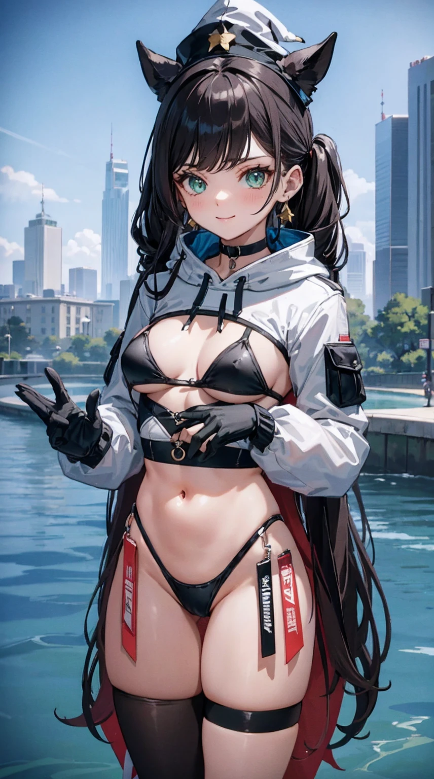 cropped hoodie, black bikini, long sleeves, 1girl, twintails, long hair, witch hat, pantyhose,gloves, black hair, choker, jewelry, cape, gold trim, blue leotard,earrings, detached sleeves, star (symbol), hat ornament, green eyes, fur collar, parkle print, sorriso sexy, highleg panties, hooded jacket, open jacket, hands, bikini, best quality, highly detailed
