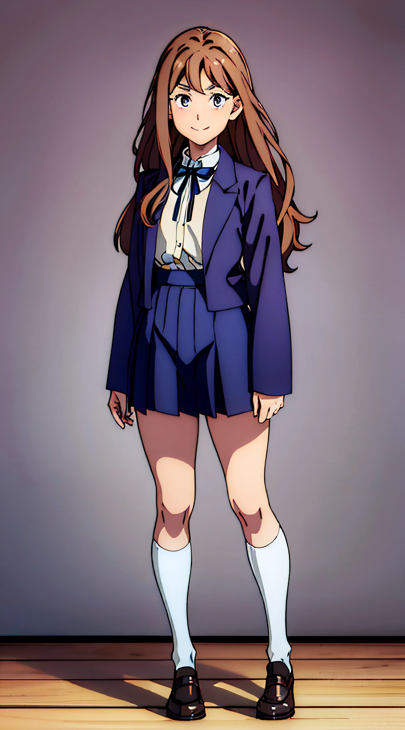 girl, long hair, light brown hair, wavy hair, gentle smile, small bust, indigo school uniform, dark purple jacket, white blouse, collared blouse, bow tie, indigo knee length skirt, white high knee socks, black loafers, freckles, Wide-Angle, anime, anime style, wide shot, full body, character chart, chart, reference sheet, super detail, high details, high quality, 8k, best quality, masterpiece, best quality