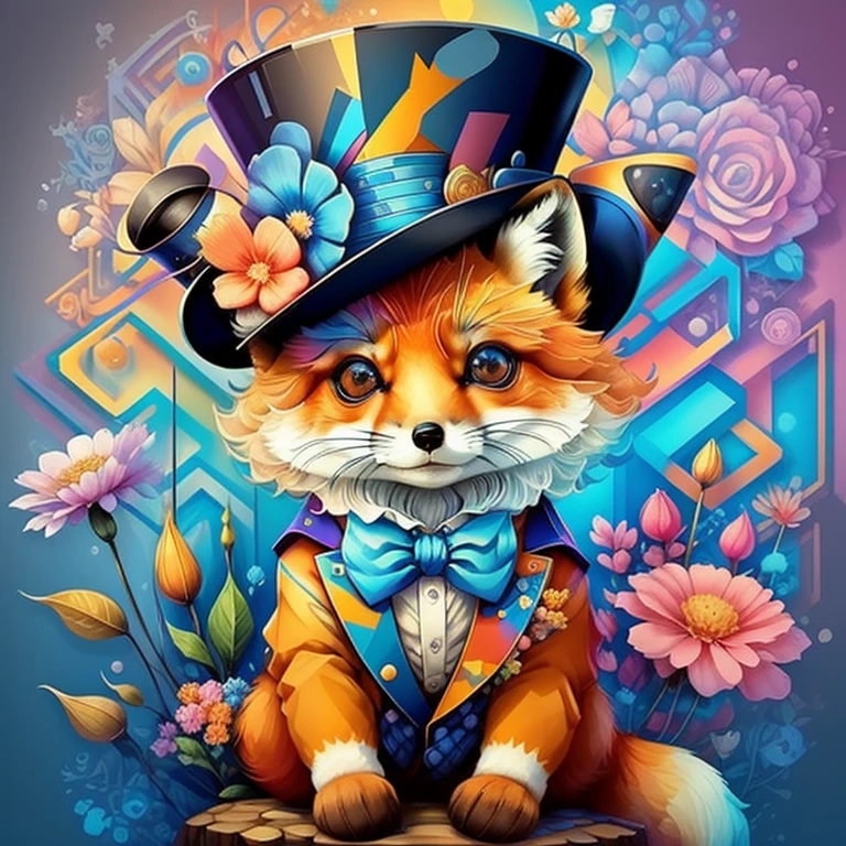 (cute baby fox with blue top hat with flowers),(melhor pose),(best angle), (better expression), Eduardo Kobra acolchoamento ,multidimensional geometric wall PORTRAIT, arte, Chibi,
Yang08k, lindo, Colouring,
Primary works, qualidade superior, melhor qualidade, Arte Oficial, Beautiful and Aesthetic, pelos coloridos,