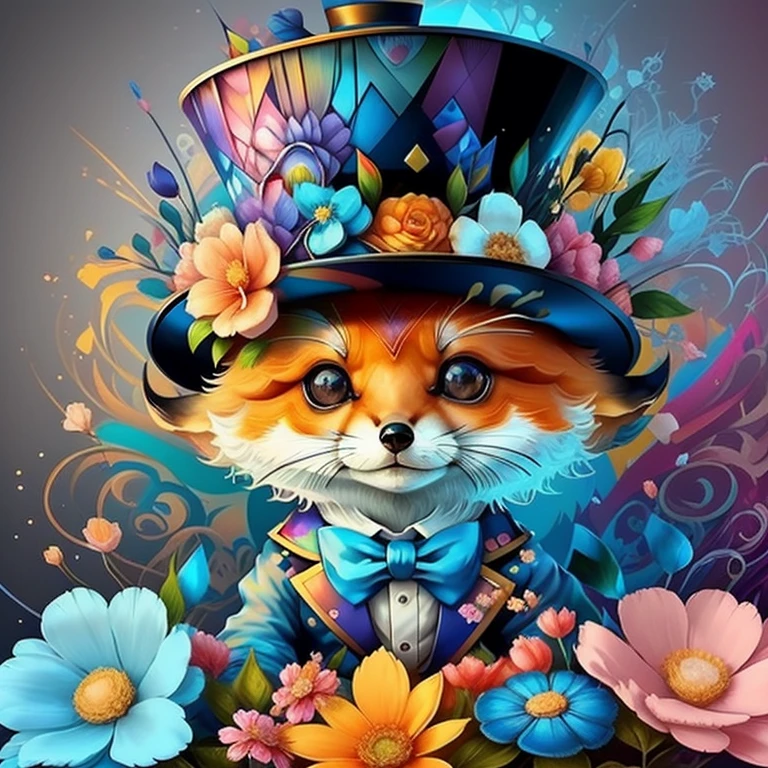 (cute baby fox with blue top hat with flowers),(melhor pose),(best angle), (better expression), Eduardo Kobra acolchoamento ,multidimensional geometric wall PORTRAIT, arte, Chibi,
Yang08k, lindo, Colouring,
Primary works, qualidade superior, melhor qualidade, Arte Oficial, Beautiful and Aesthetic, pelos coloridos,