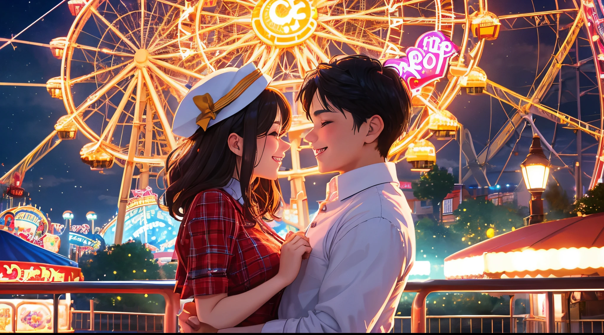 A couple in a tender moment on a Ferris wheel, surrounded by the enchanting lights of the theme park. Their expressions radiate happiness, creating a snapshot of shared joy. Best quality, intricate details, clean lines, eye-catching composition, soft tones, semi-realism, perfect illustration, dynamic pose, ample headroom