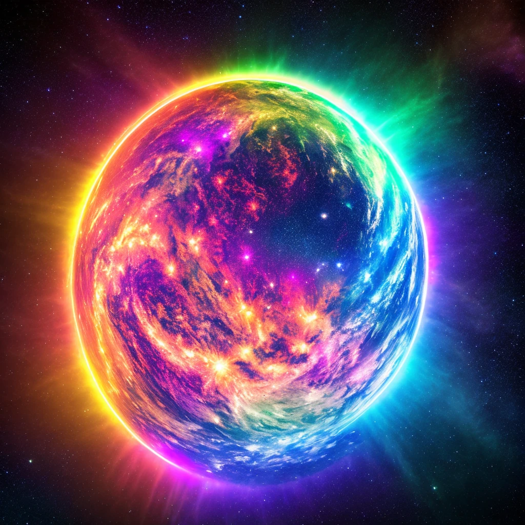 neon earth flare round rainbow space