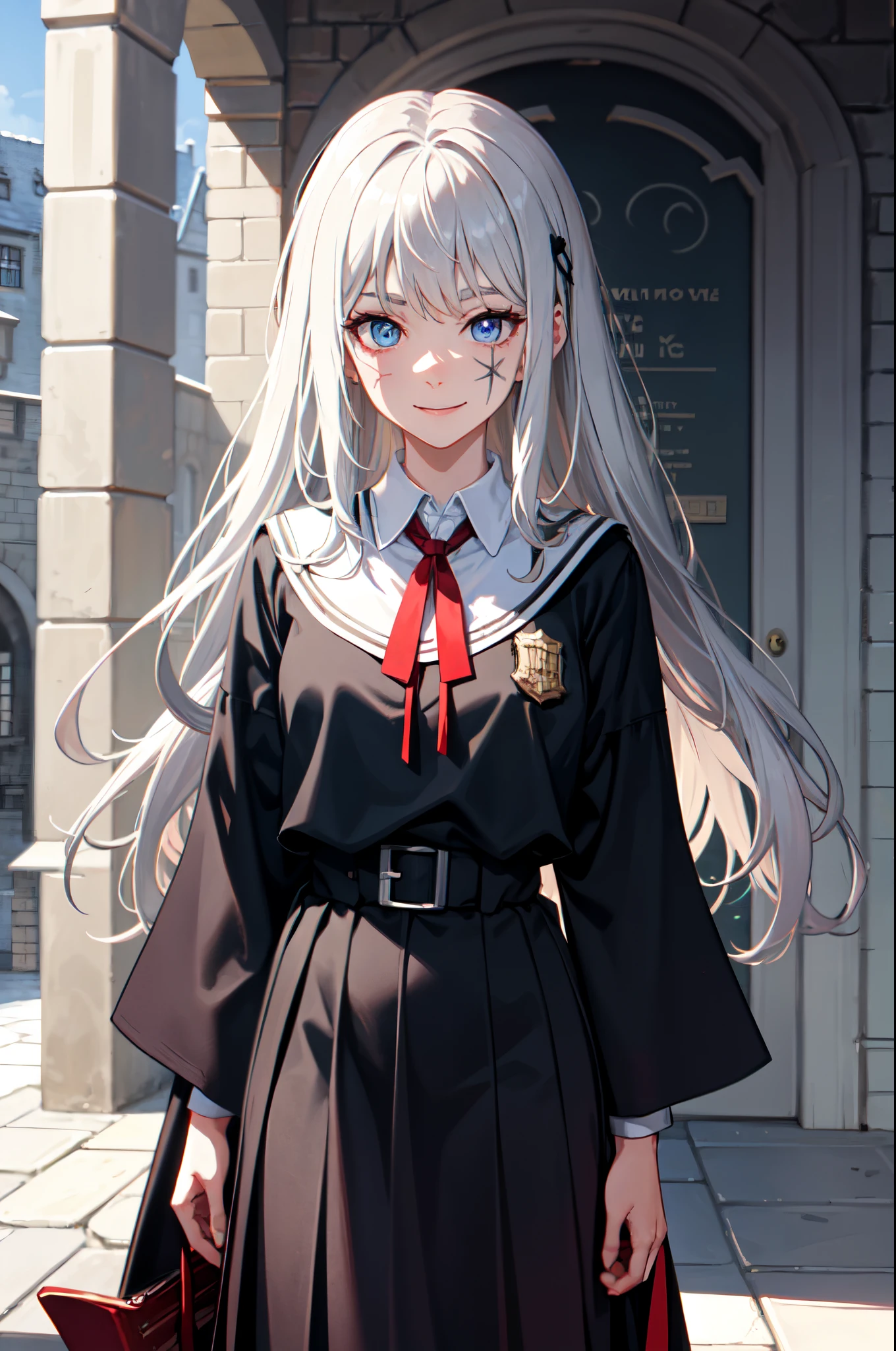 silver blond poneyTail The long-haired Red ribbon hair fastening Blue eyes a scool girl Crisp face Scars on the face Scratches Lacerations faces scarface Large scratches Lovely smile Harry Potter hogwarts magic School uniform black robes white shirt Red Ribbon Tie Badge on the chest trouser Hogwarts Gryffindor