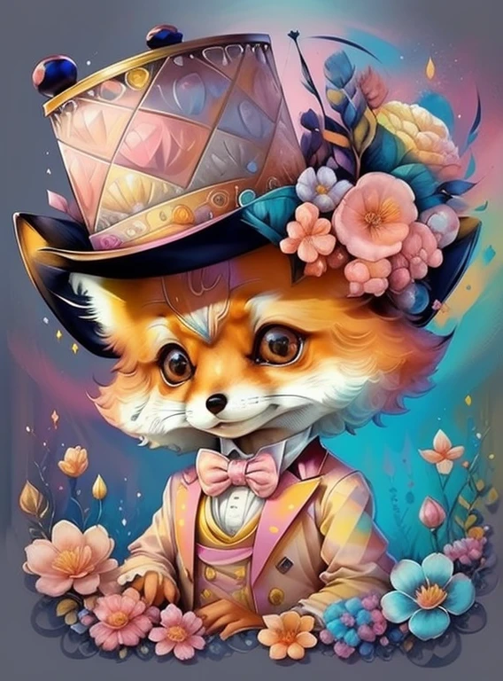 (ute baby fox with pink top hat with flowers),(melhor pose),(best angle), (better expression), Eduardo Kobra acolchoamento ,multidimensional geometric wall PORTRAIT, arte, Chibi,
Yang08k, lindo, Colouring,
Primary works, qualidade superior, melhor qualidade, Arte Oficial, Beautiful and Aesthetic, pelos coloridos,
