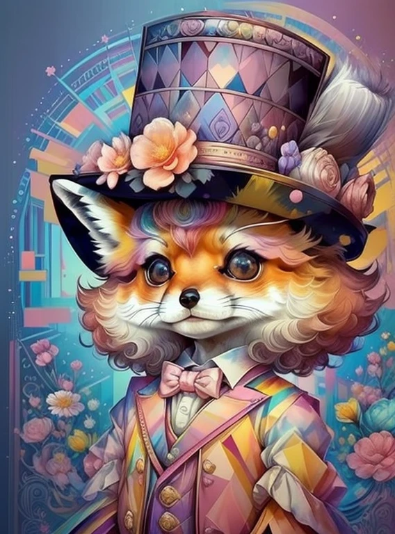 (ute  fox with pink top hat with flowers),(melhor pose),(best angle), (better expression), Eduardo Kobra acolchoamento ,multidimensional geometric wall PORTRAIT, arte, Chibi,
Yang08k, lindo, Colouring,
Primary works, qualidade superior, melhor qualidade, Arte Oficial, Beautiful and Aesthetic, pelos coloridos,