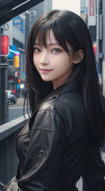 masterpiece, 1 beautiful girls, detaileds, Swollen eyes, top-quality, 超A high resolution, (现实: 1.4), OriginalPhotographs, 1girl in, 电影灯光, A smile, japanes, Asian Beauty, Korean, Proper, very extremely beautiful, Slightly younger face, Beautiful skins, slender, cyberpunk backgrouns, (A hyper-realistic), (illustratio), (hight resolution), (8K), (ighly detailed), (The best illustrations), (beautifully detailed eyes), (ultra-detailliert), (wall-paper), (详细的脸), looking at the viewers, fine detailed, A detailed face、deep-shadows、Unobtrusive、pureerosfaceace_v1、Evil smile、46-point diagonal bangs、Facing straight ahead、Neat Clothing、Black colored eyes、