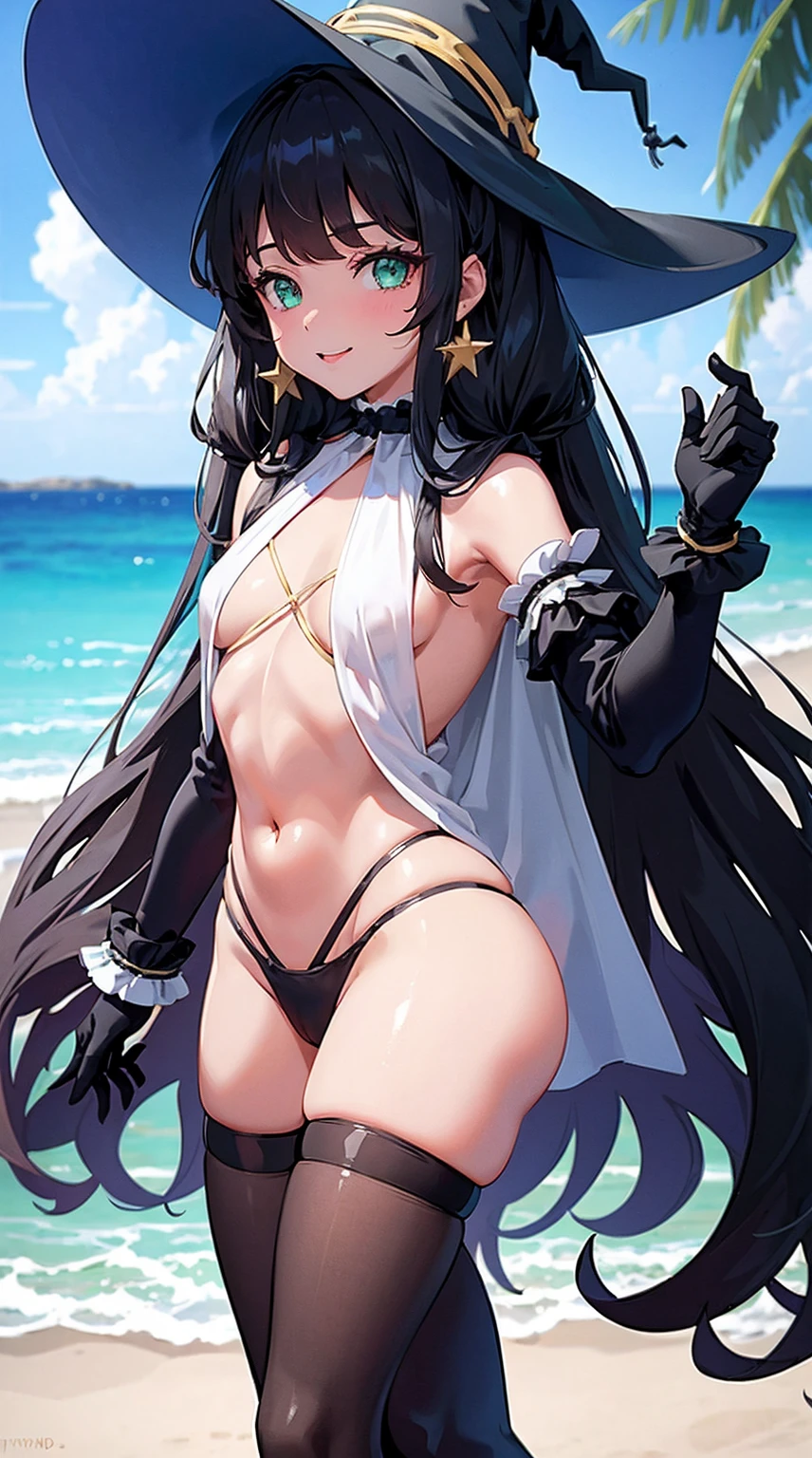 outfit-mercredi swimsuit, 1girl, twintails, long hair, witch hat, pantyhose,gloves, black hair, choker, jewelry, cape, gold trim, blue leotard,earrings, detached sleeves, star (symbol), hat ornament, green eyes, fur collar, parkle print, sorriso sexy, apalpando os peitos, sorriso sexy, (alta qualidade, 8k, obra prima, qualidade ultra, extremamente detalhado, bem colorido, no blurries, foco absoluto, impeccable quality)