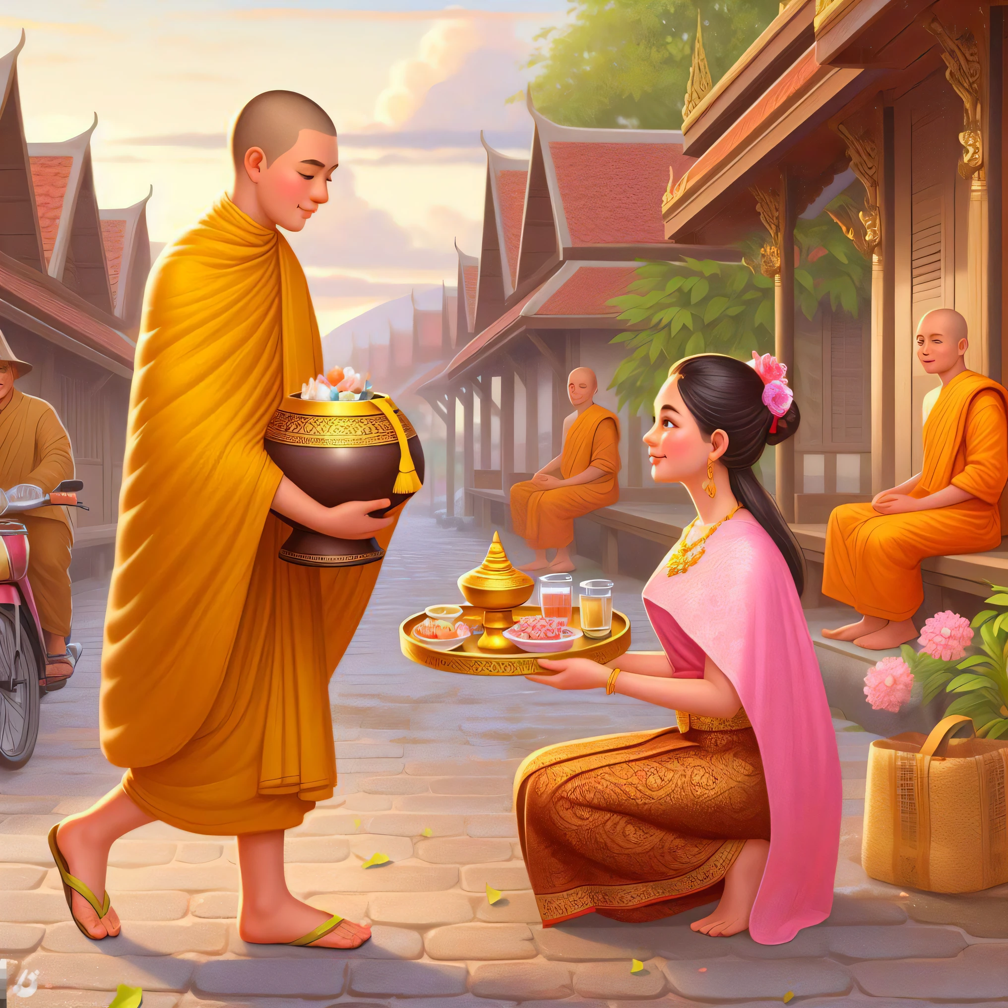 arafed monk handing food to a woman in a pink dress, thailand art, tithi luadthong, buddhism, patiphan sottiwilaiphong, beautiful depiction, traditional, by John La Gatta, traditional art, nivanh chanthara, begging for alms, patiphan sottiwilai, buddhist, monk clothes