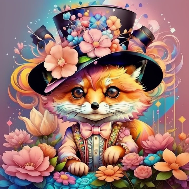 (cute baby fox with pink top hat with flowers),(melhor pose),(best angle), (better expression), Eduardo Kobra acolchoamento ,multidimensional geometric wall PORTRAIT, arte, Chibi,
Yang08k, lindo, Colouring,
Primary works, qualidade superior, melhor qualidade, Arte Oficial, Beautiful and Aesthetic, pelos coloridos,
