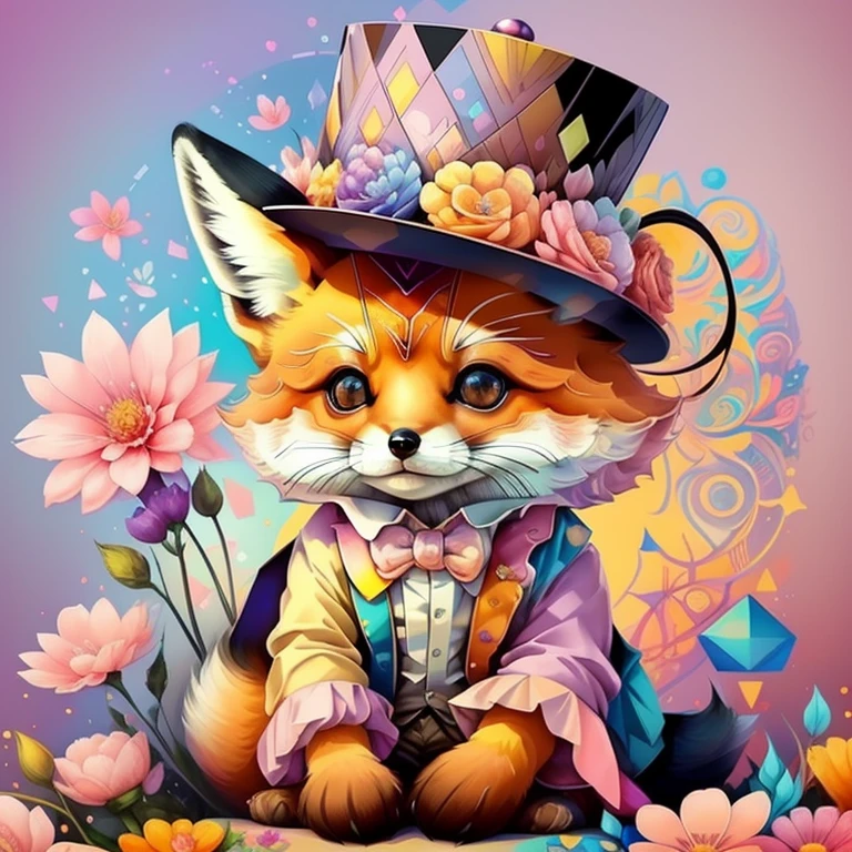 (cute baby fox with pink top hat with flowers),(melhor pose),(best angle), (better expression), Eduardo Kobra acolchoamento ,multidimensional geometric wall PORTRAIT, arte, Chibi,
Yang08k, lindo, Colouring,
Primary works, qualidade superior, melhor qualidade, Arte Oficial, Beautiful and Aesthetic, pelos coloridos,