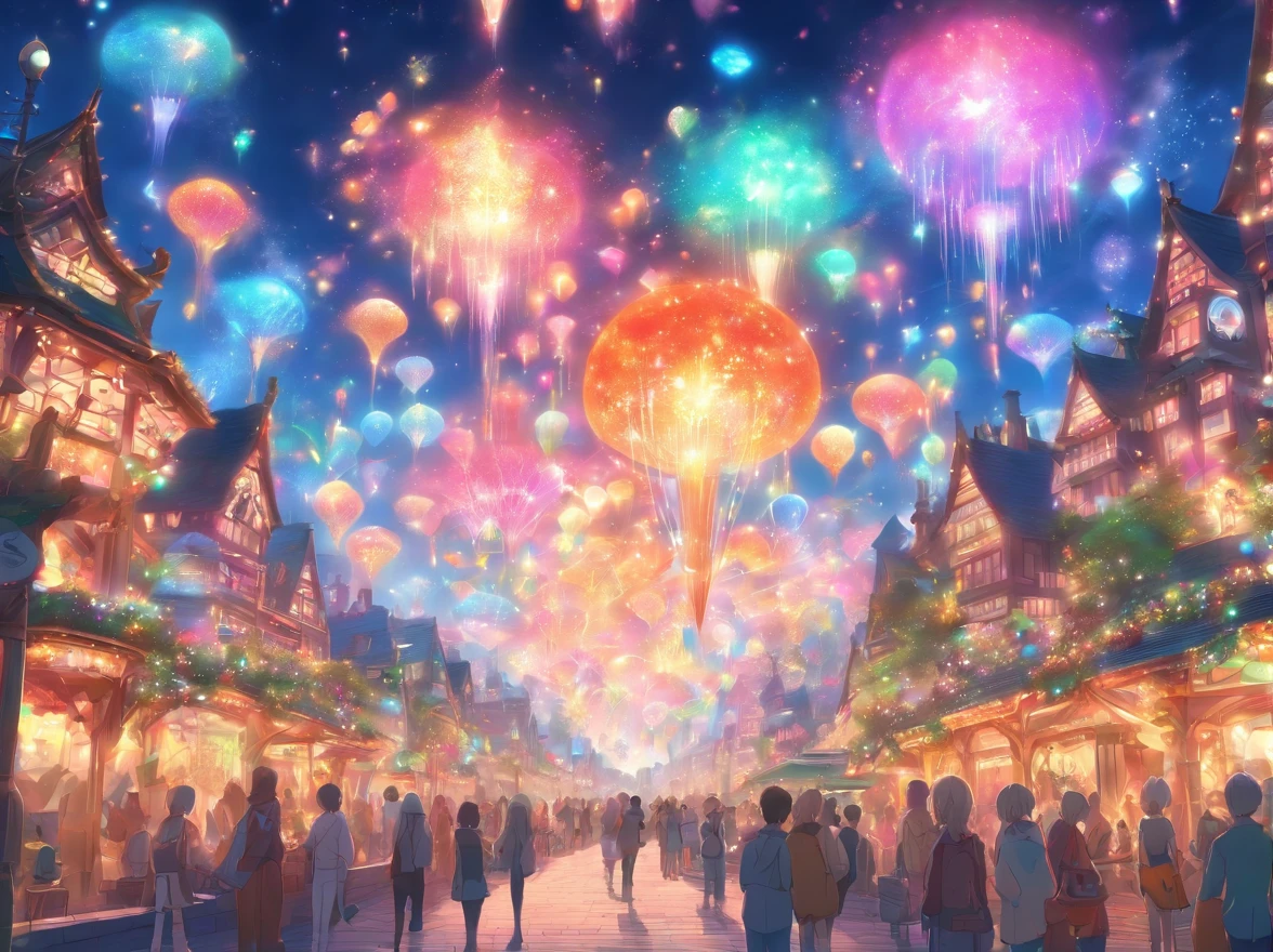 theme park pictures:landscapes, dreamy theme, dreamy and detailed, Adorable and whimsical, Whimsical and cute, magical lights, parade, illuminations, very magical and dreamy, dreamy illustration, Painted in a capricious style, Midnight theme,, Vibrant colors, Intricate details. Highly detailed, Dynamic Pose, Complex motifs, Organic Tracery,Digital Painting, art  stations, Concept art, Smooth, Shiny Aura, Illustration, 8K, Best Quality, awardwinning, Anatomically correct, hight resolution, masutepiece