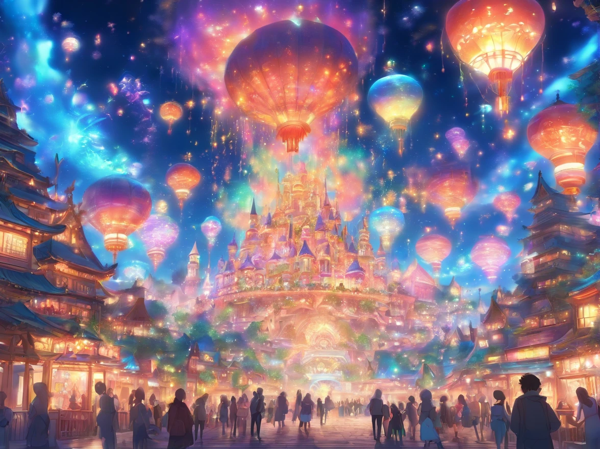 theme park pictures:landscapes, dreamy theme, dreamy and detailed, Adorable and whimsical, Whimsical and cute, magical lights, parade, illuminations, very magical and dreamy, dreamy illustration, Painted in a capricious style, Midnight theme,, Vibrant colors, Intricate details. Highly detailed, Dynamic Pose, Complex motifs, Organic Tracery,Digital Painting, art  stations, Concept art, Smooth, Shiny Aura, Illustration, 8K, Best Quality, awardwinning, Anatomically correct, hight resolution, masutepiece
