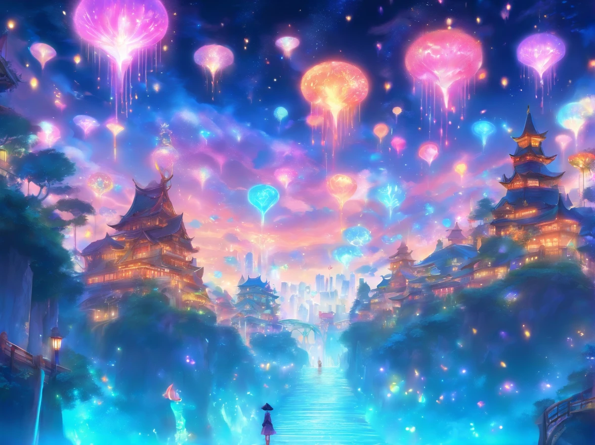 theme park pictures:landscapes, dreamy theme, dreamy and detailed, Adorable and whimsical, Whimsical and cute, magical lights, parade, illuminations, very magical and dreamy, dreamy illustration, Painted in a capricious style, Midnight theme,, Vibrant colors, Intricate details. Highly detailed, Dynamic Pose, Complex motifs, Organic Tracery,Digital Painting, art  stations, Concept art, Smooth, Shiny Aura, Illustration, 8K, Best Quality, awardwinning, Anatomically correct, hight resolution, masutepiece