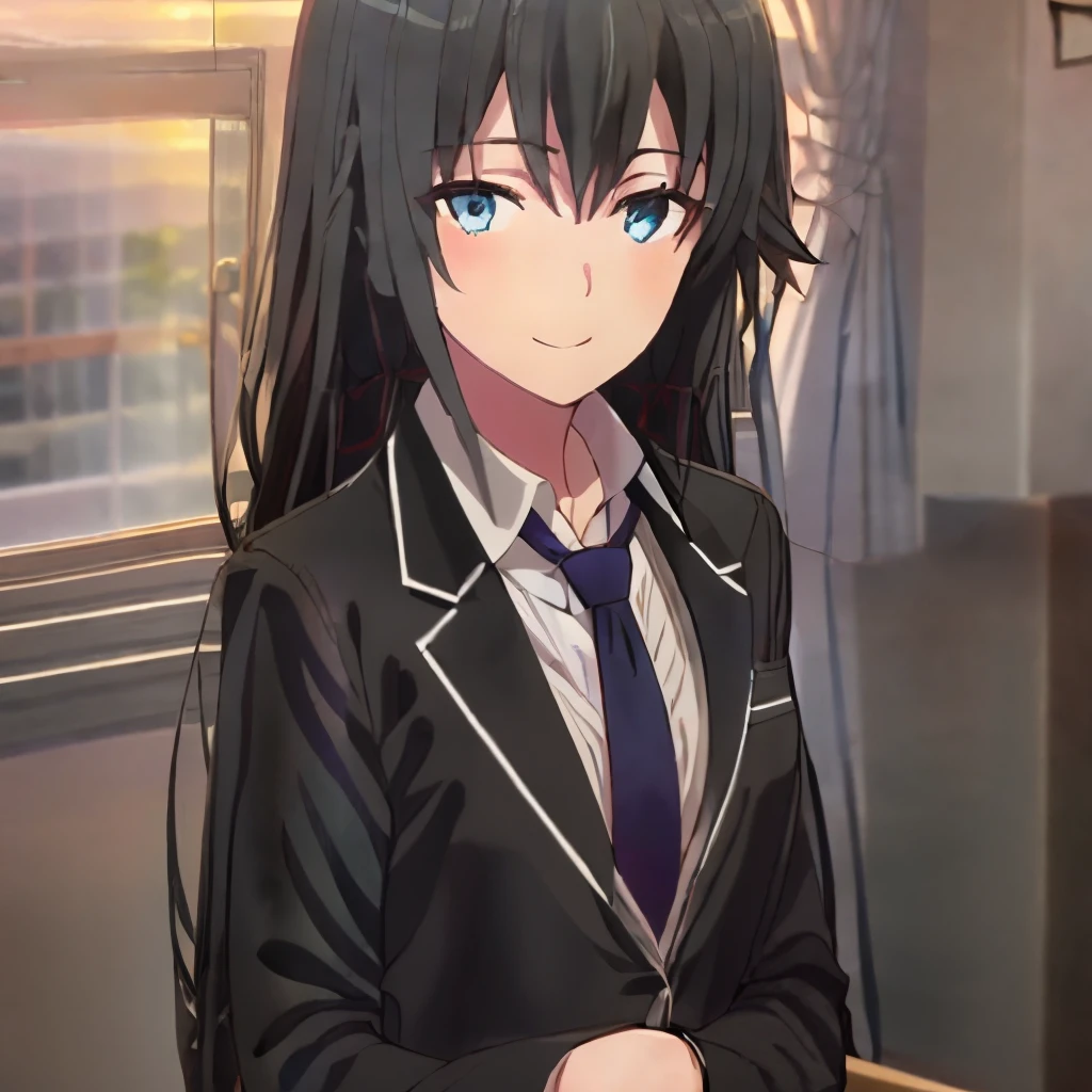 1GIRL , Yukinoshita yukino , Yukinoshita yukino,woman in formal attireactive suit tuxedo tailcoat standing in a large alcove in the room, 1girl, solo, necktie, black hair, blue eyes, long hair, smile, jacket, looking at viewer, shirt, pants, blue necktie, collared shirt, white pants, white shirt, indoors, bangs, long sleeves, closed mouth, window, black jacket, blush, cowboy shot, formal, suit, full body