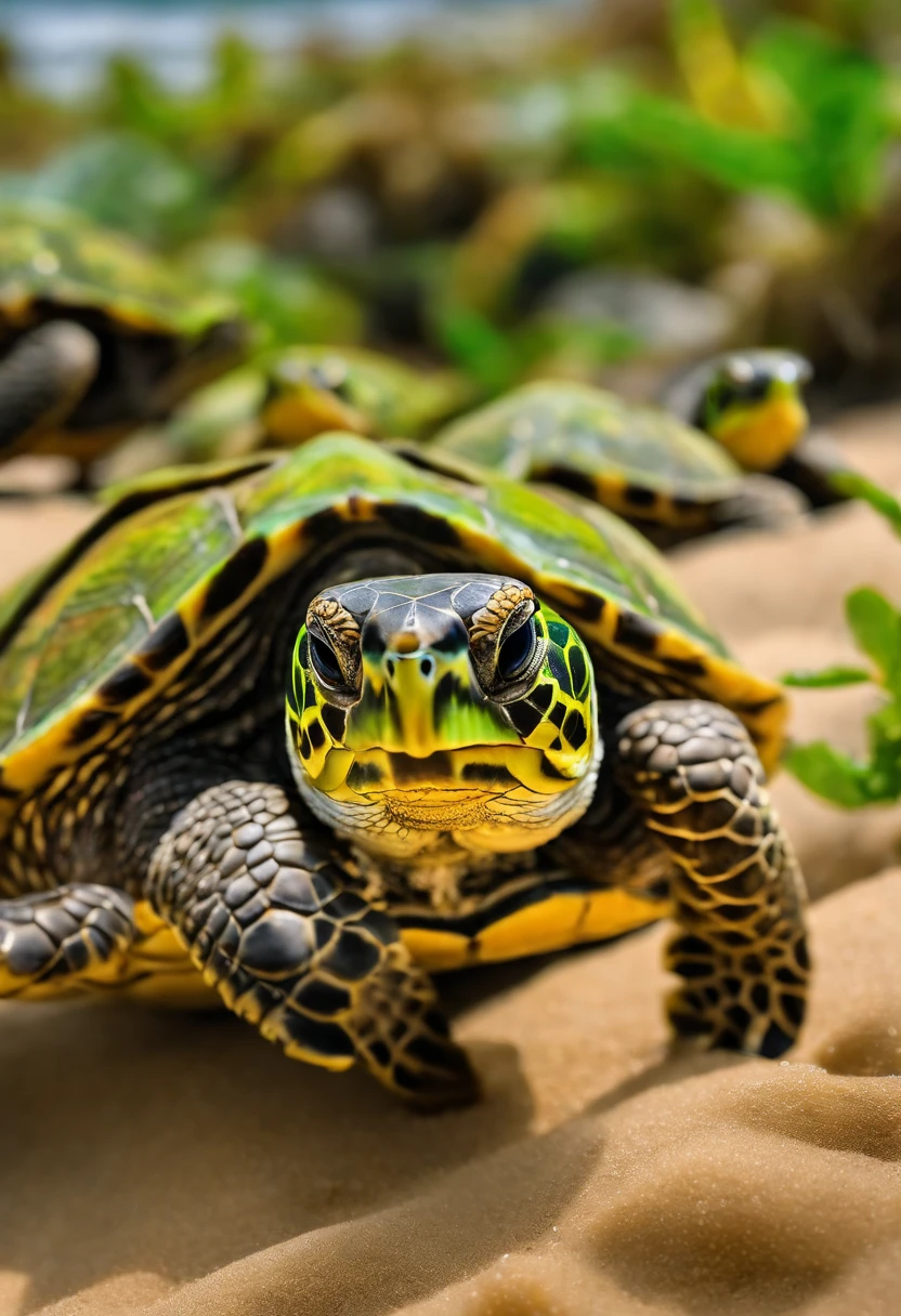 ButterflyEffect capturing a mesmerizing shot of a group of baby sea turtles making their way to the ocean,original,ButterflyEffect has long hair and wire rim glasses. He has a hook nose and bright green eyes., male