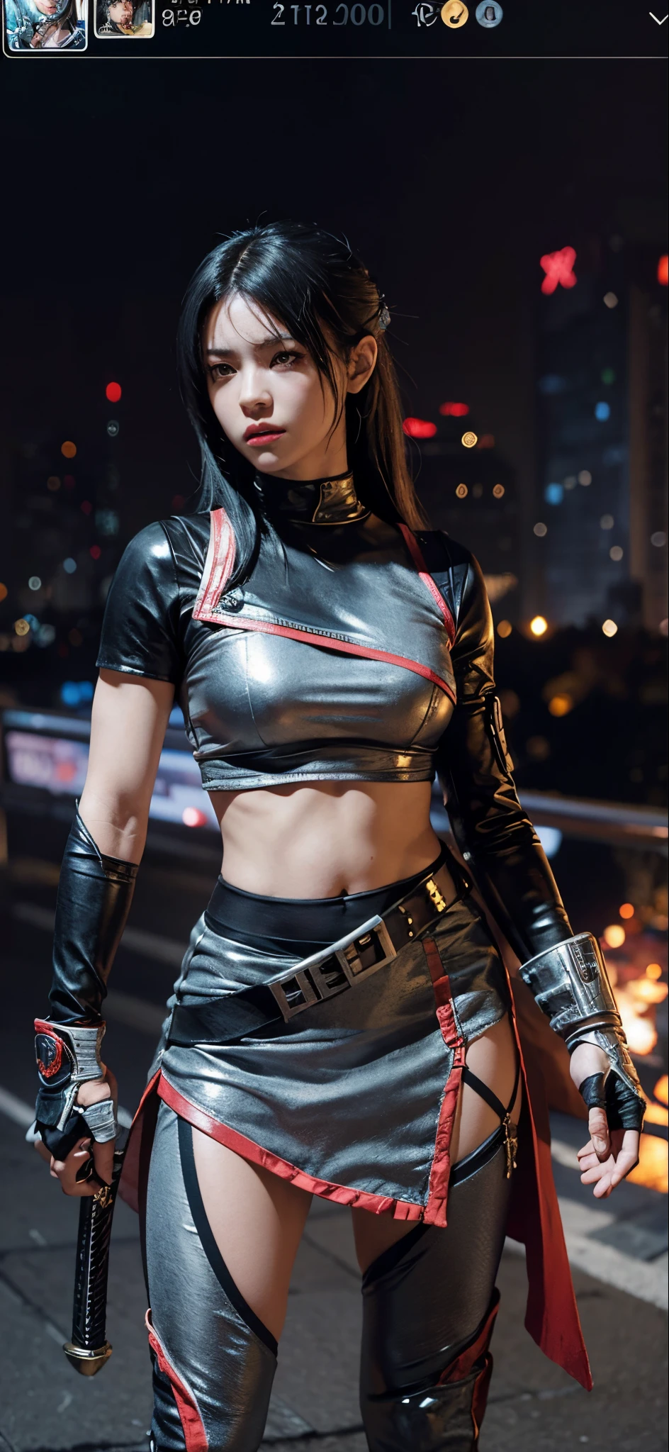 a close up of a person in a costume with a sword, as a character in tekken, female character, tifa lockhart with white hair, katana zero video game character, lunar themed attire, kda, slim body, cyborg - girl with silver hair, upper body avatar, fashion gameplay screenshot, fighting game character, new character, floralpunk elysian maiden, sigma female